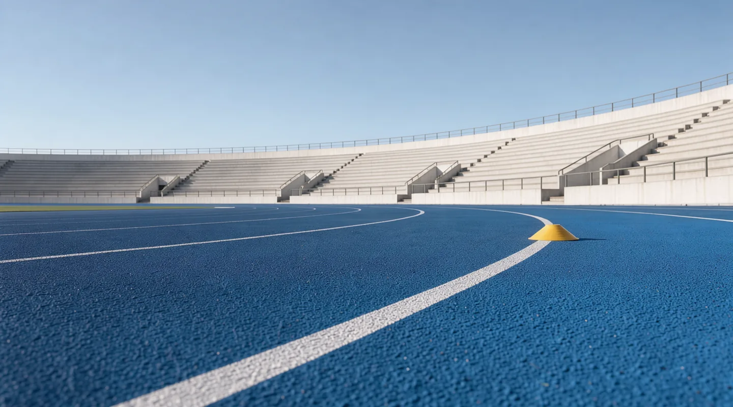 Empty cobalt running lanes curve across a sunlit athletics track beside a yellow training cone.